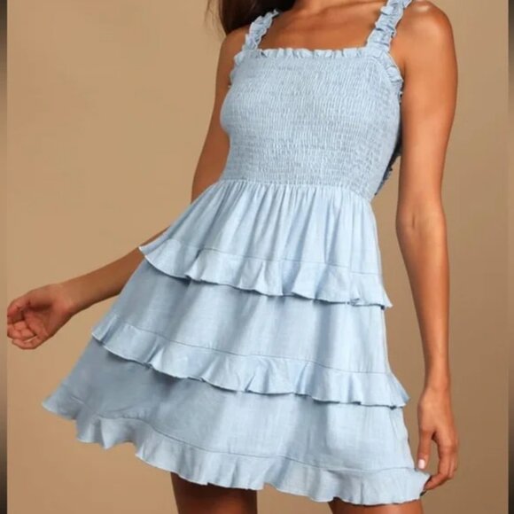 Super Sweet Light Blue Smocked RuffledTie-Back Mini Dress XS - Picture 9 of 12
